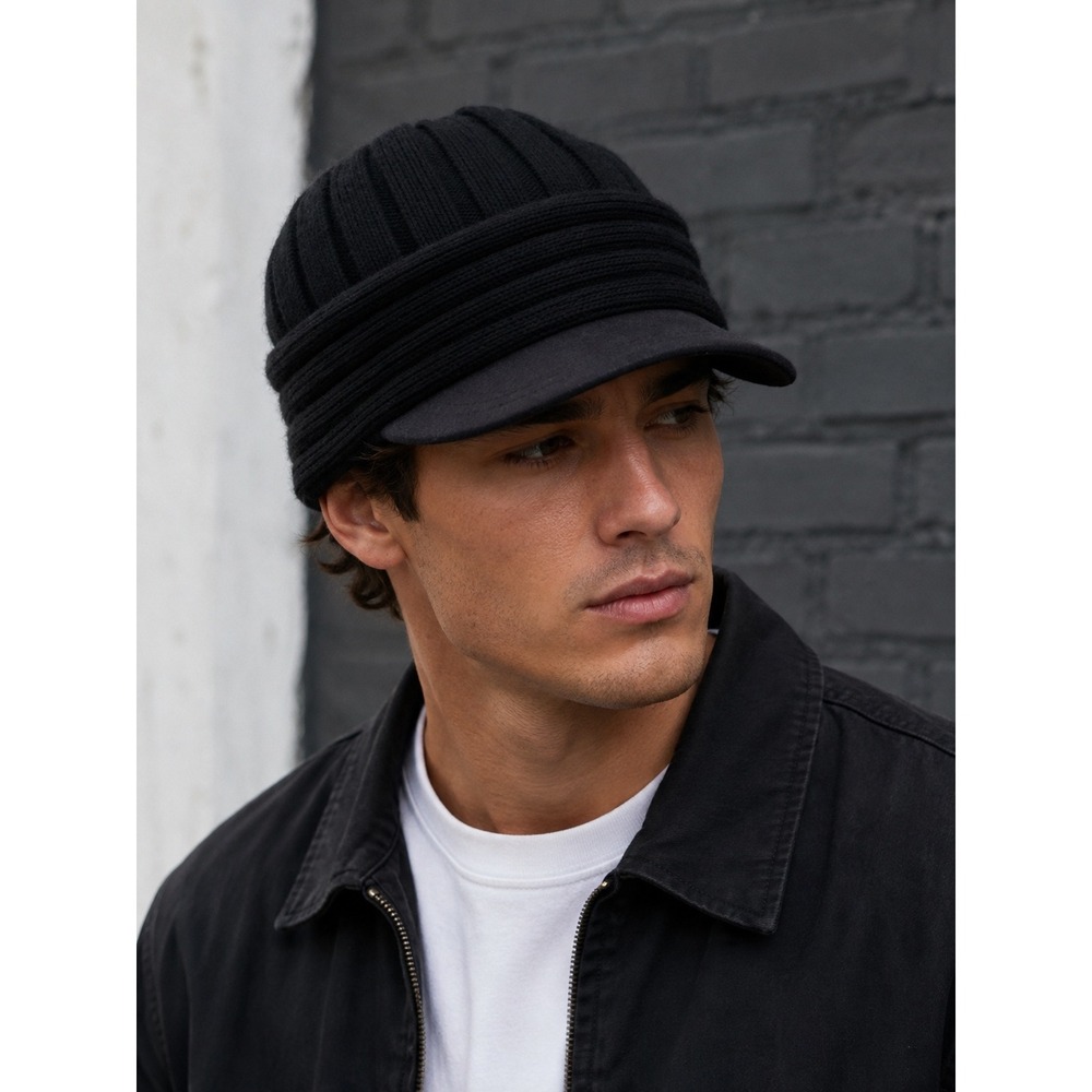 Perry Ellis Black Ribbed Knit Visor Brim Beanie Hat OSFA Y2K Retro